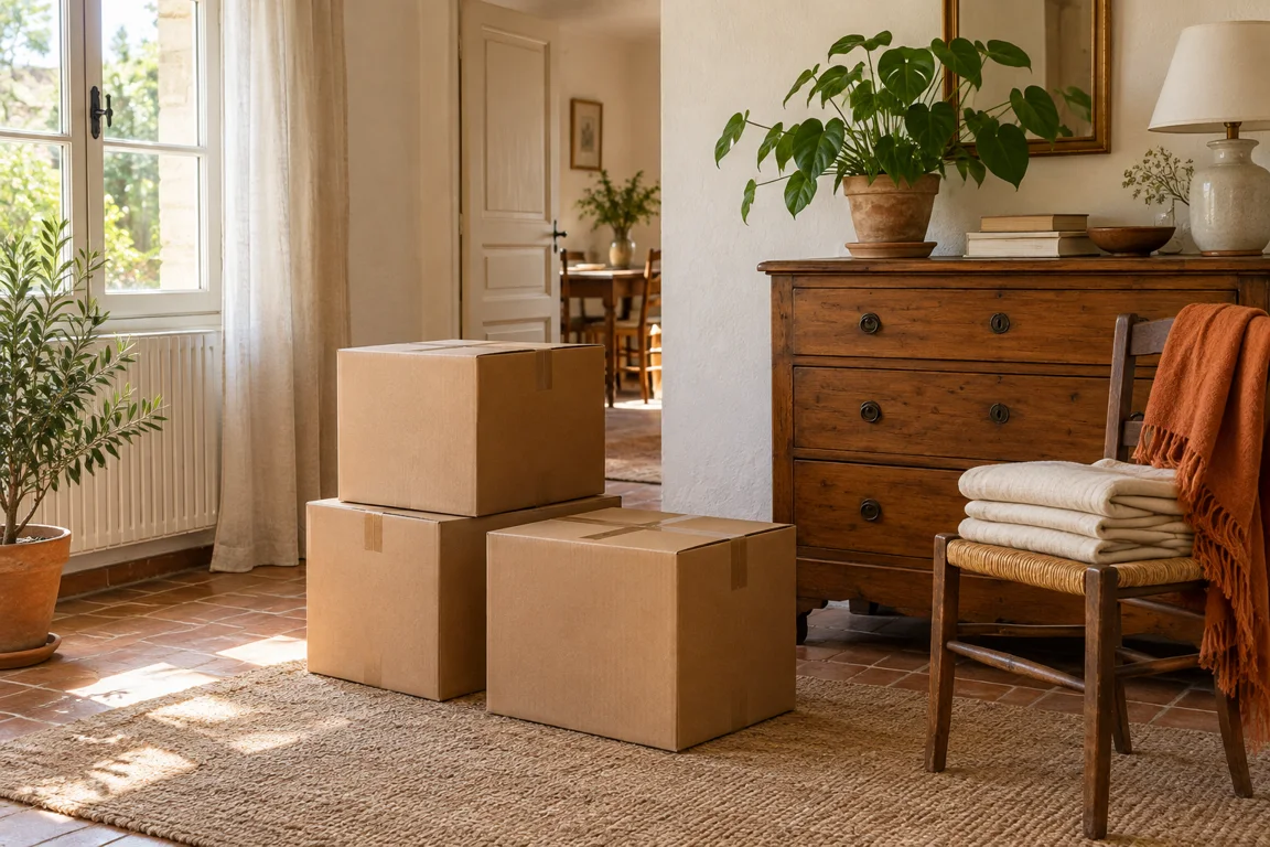 Cartons et meubles soigneusement regroupés dans un logement